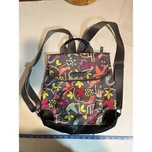 Lily Bloom Pink/Blue Birds And Flowers On Gray 14 X 12 Backpack Black Zippers